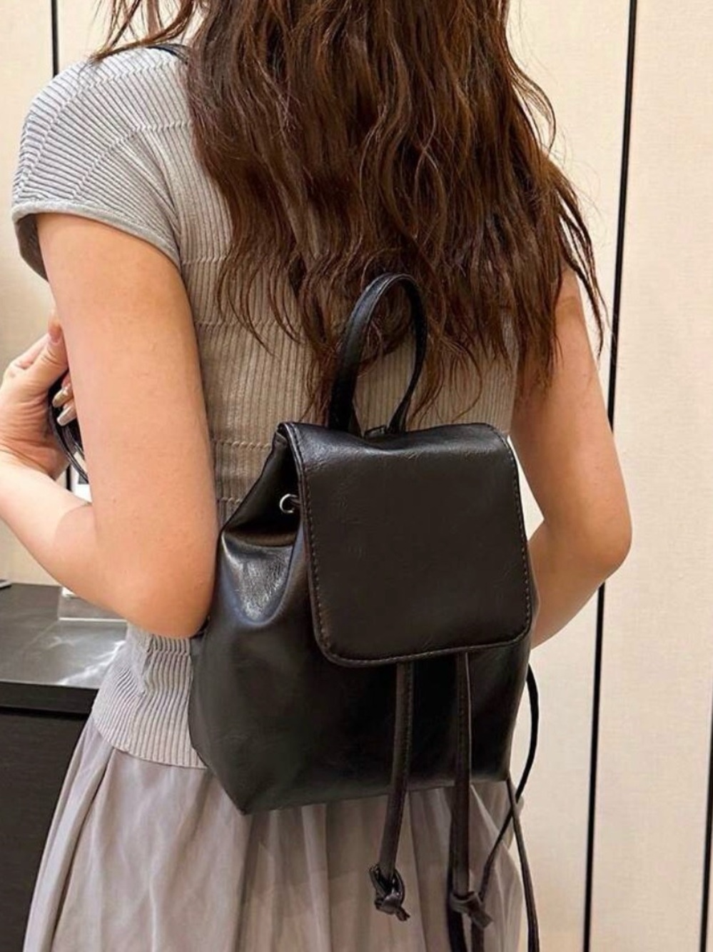 Minimal Black Leather-Style Women's Backpack